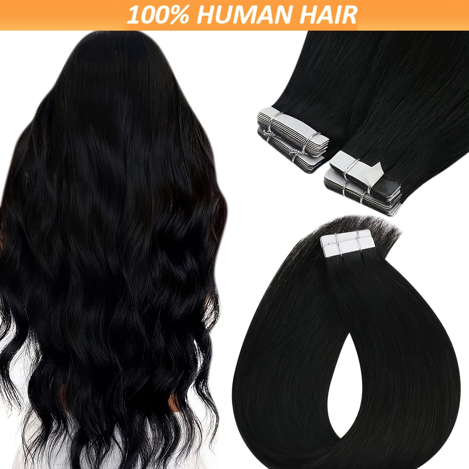 Natural Black Tape in Hair Extensions Human Hair Black Tape in Hair Extensions Real Human Hair Extensions Tape in #1B Black Hair Extensions Real Human Hair 20pcs 16-26 Inches